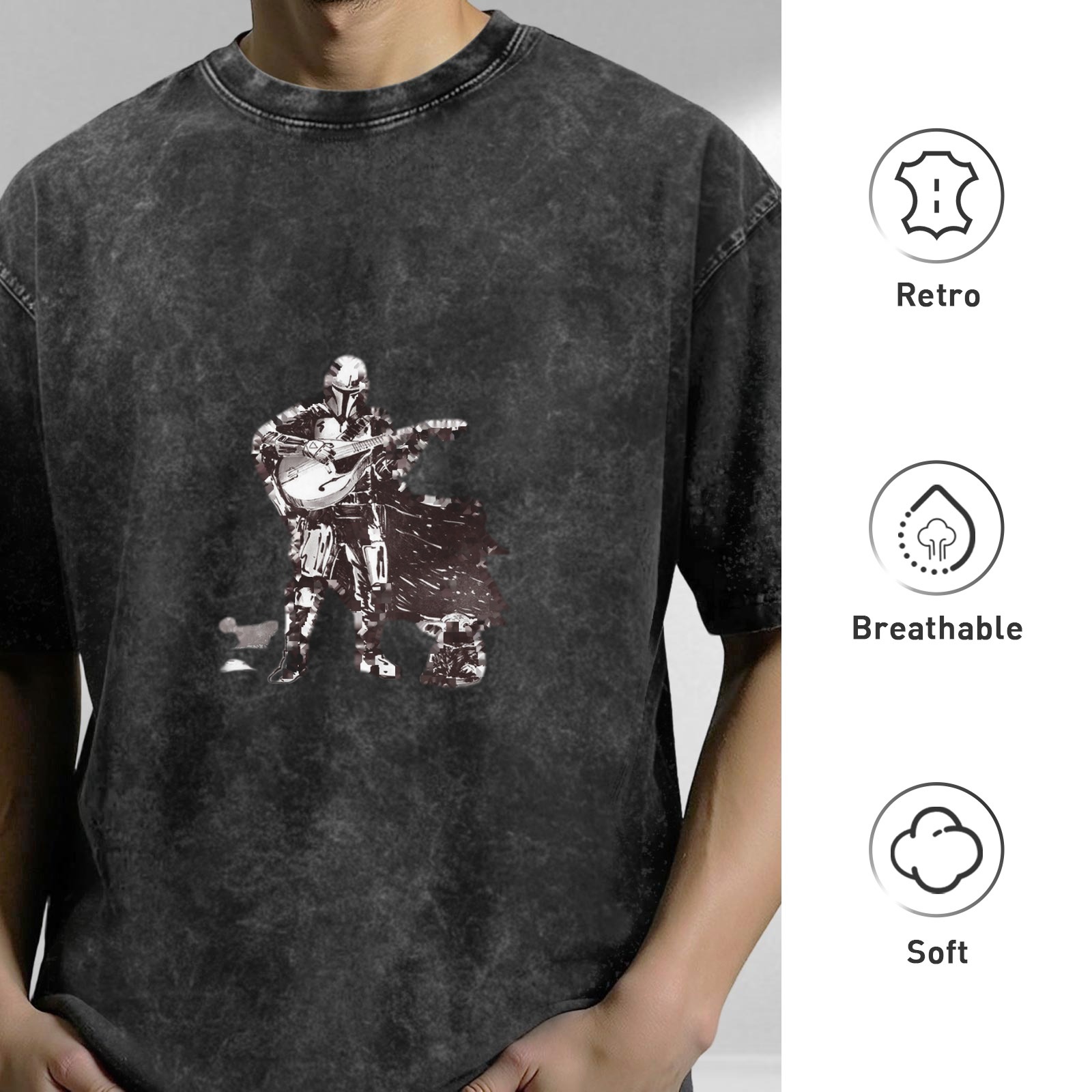 Washed Black T-Shirt With Mandalorian Playing Lute Artwork