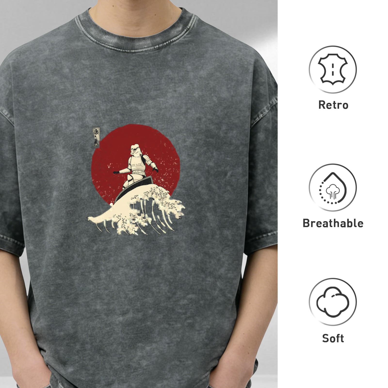 Oversized Stone-Washed Black T-Shirt with Surfer Stormtrooper & Great Wave Graphic Print