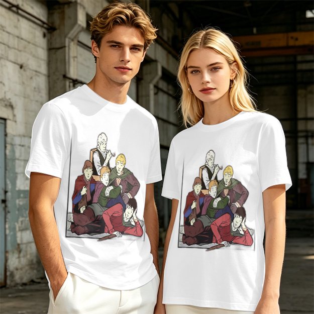 Olive T-shirt with Group of Fantasy Characters Graphic Print