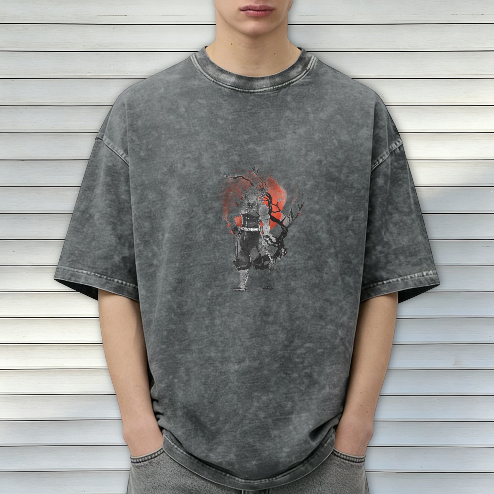 Oversized acid wash t-shirt with dark warrior and red moon graphic