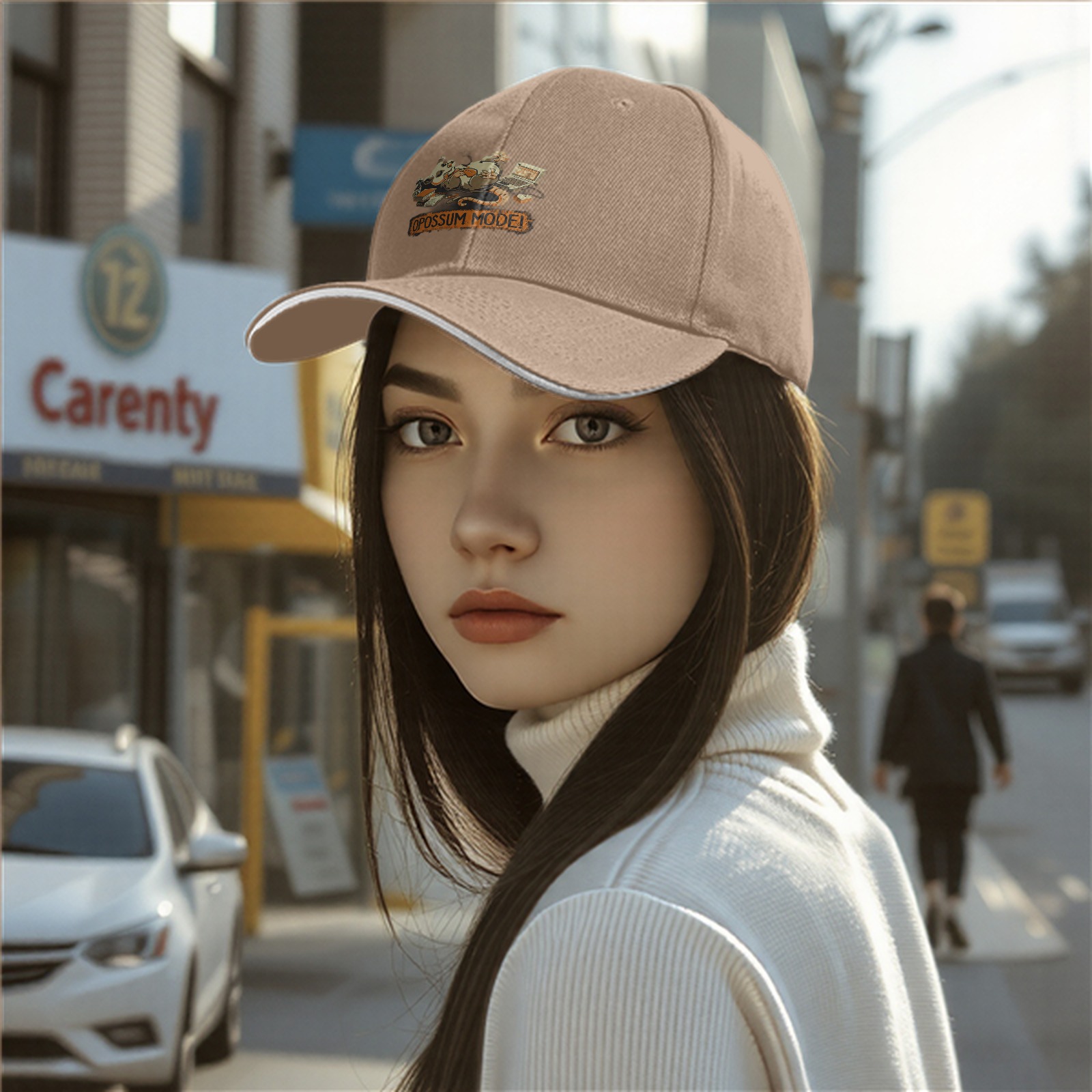 Black baseball cap with relaxed opossum 'OPOSSUM MODE!' graphic
