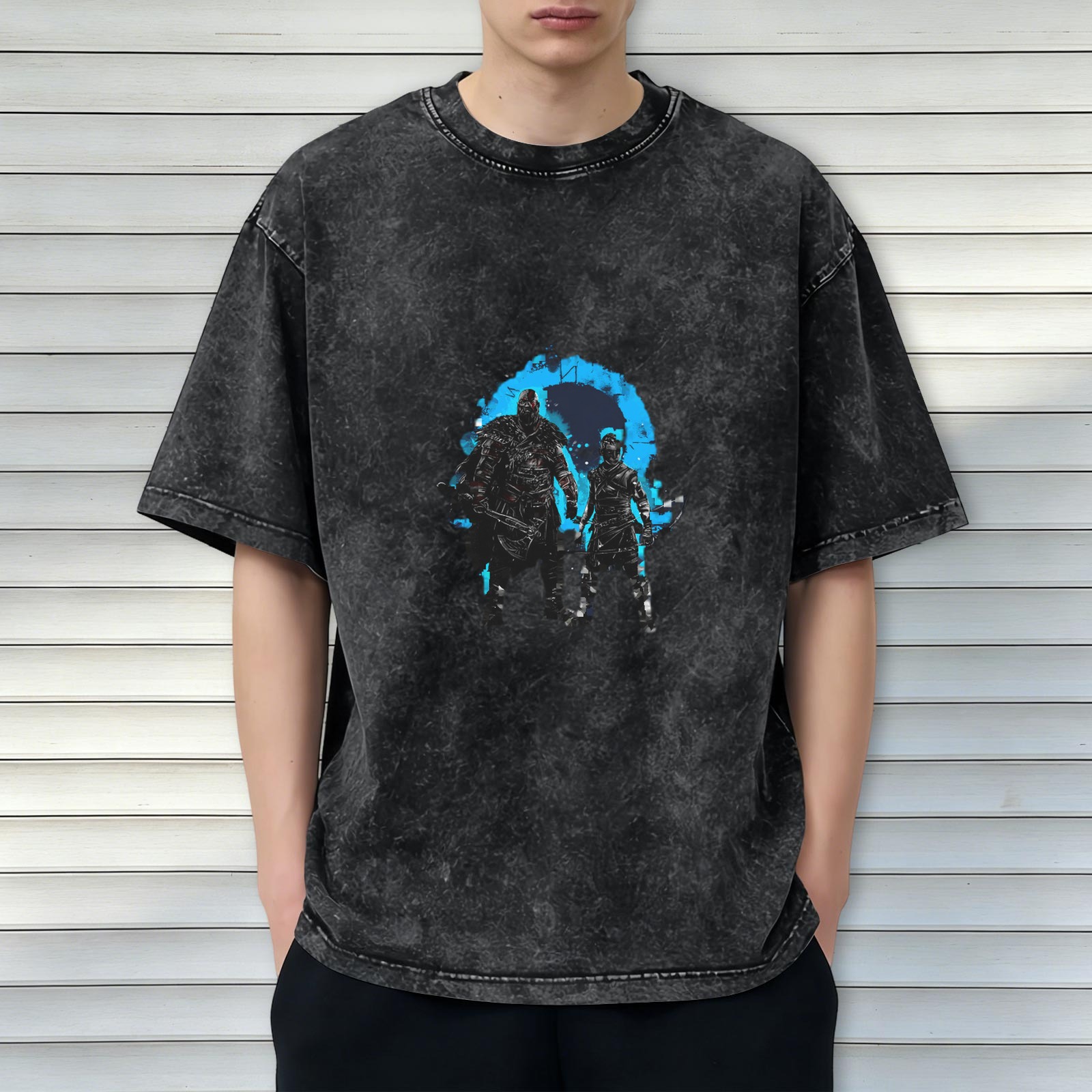 Washed Black Graphic T-Shirt with Fantasy Warrior Characters