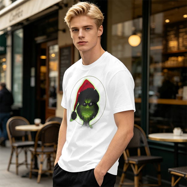 Olive Green T-Shirt With Grinch Wearing Santa Hat Graphic