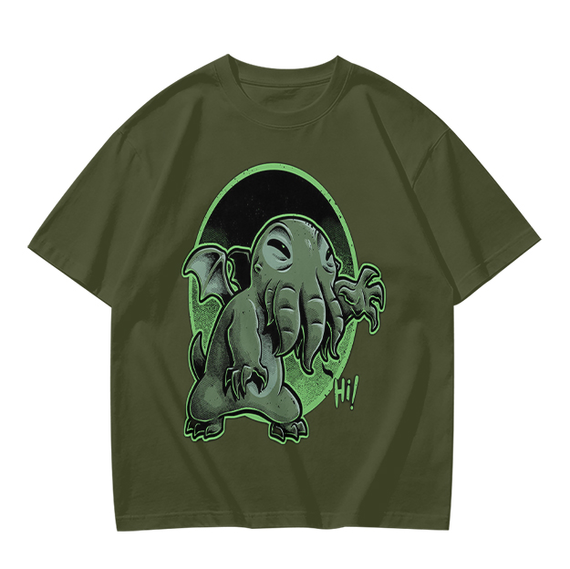 Olive T-Shirt Featuring Cute Cartoon Cthulhu Saying Hi