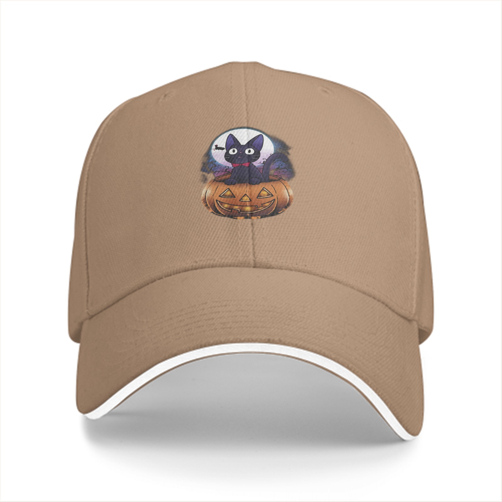 Black Baseball Cap With Halloween Black Cat Jack-o'-lantern Print