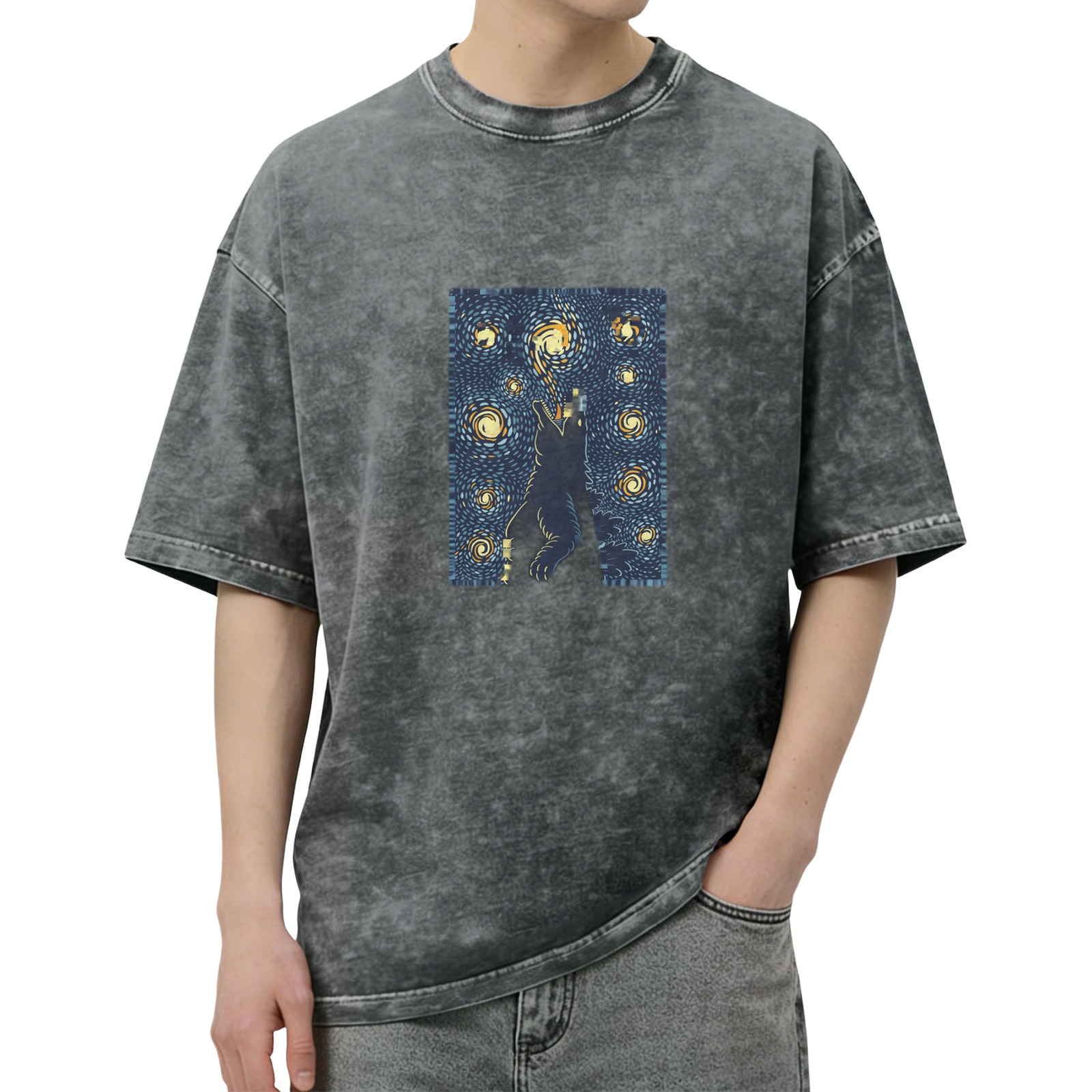 Oversized Dark Wash T-Shirt With Starry Night Wolf Howl Print