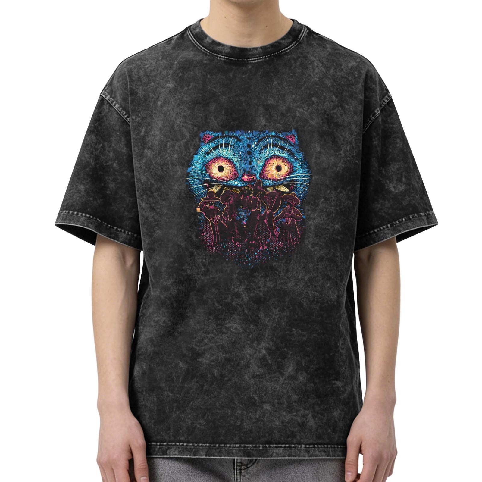 Oversized Acid Wash T-Shirt With Surreal Blue Cat Graphic