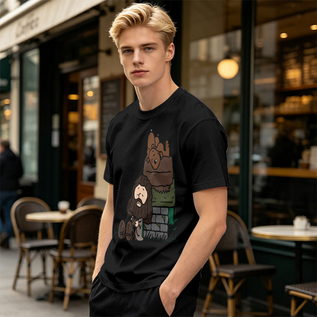Olive T-Shirt With Cartoon Bearded Man And Doghouse Print