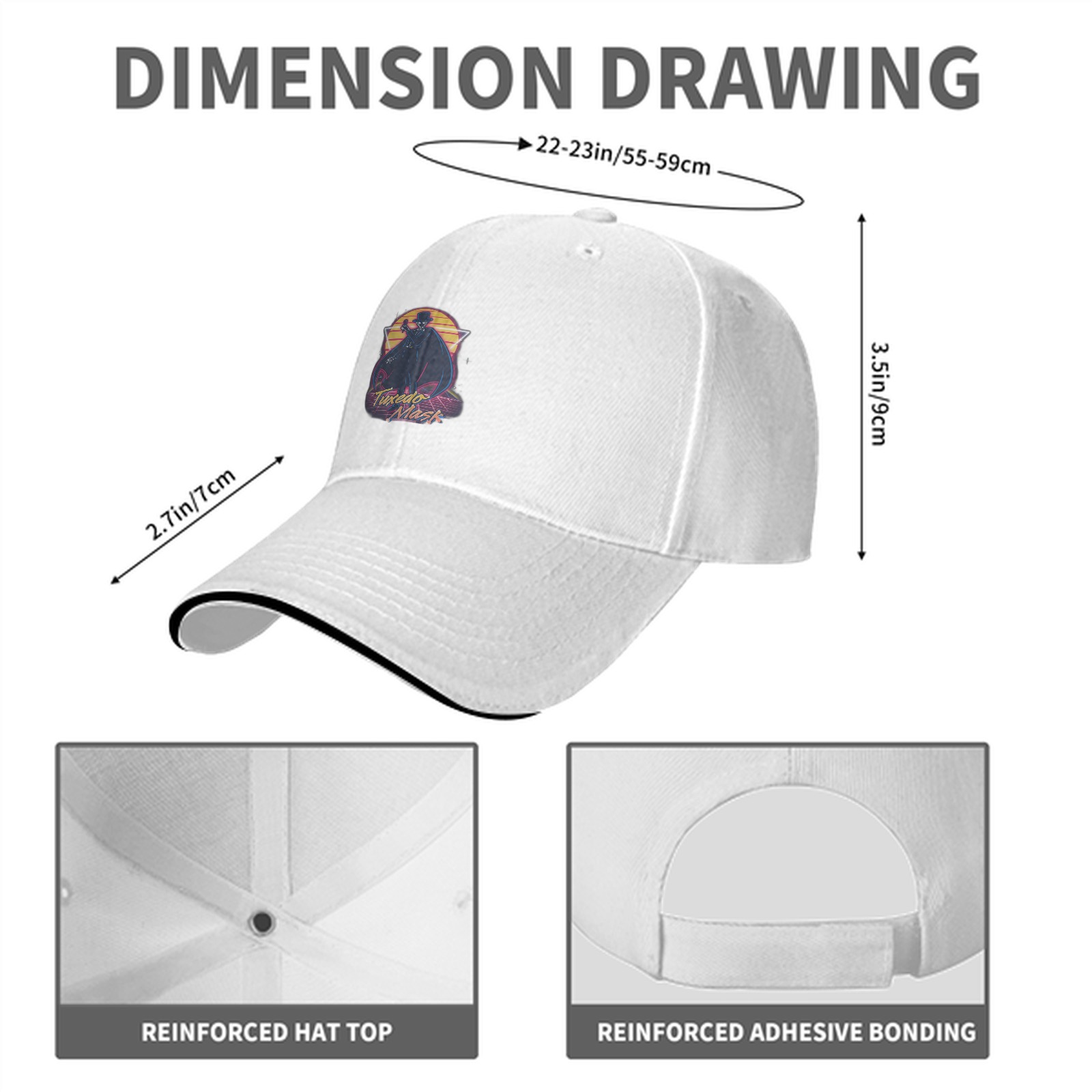 Black baseball cap with retro Tuxedo Mask graphic print