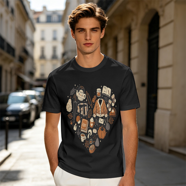 Olive Green T-Shirt With Fall Themed Heart Shaped Graphic