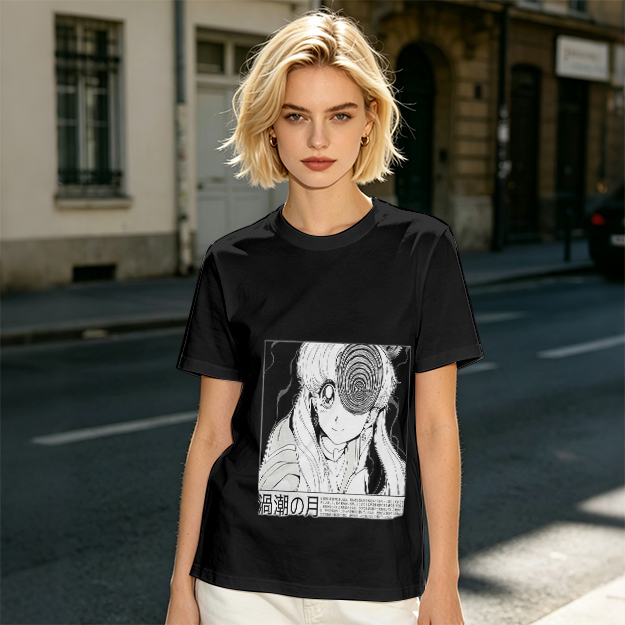 Olive anime graphic t-shirt with spiral eye design