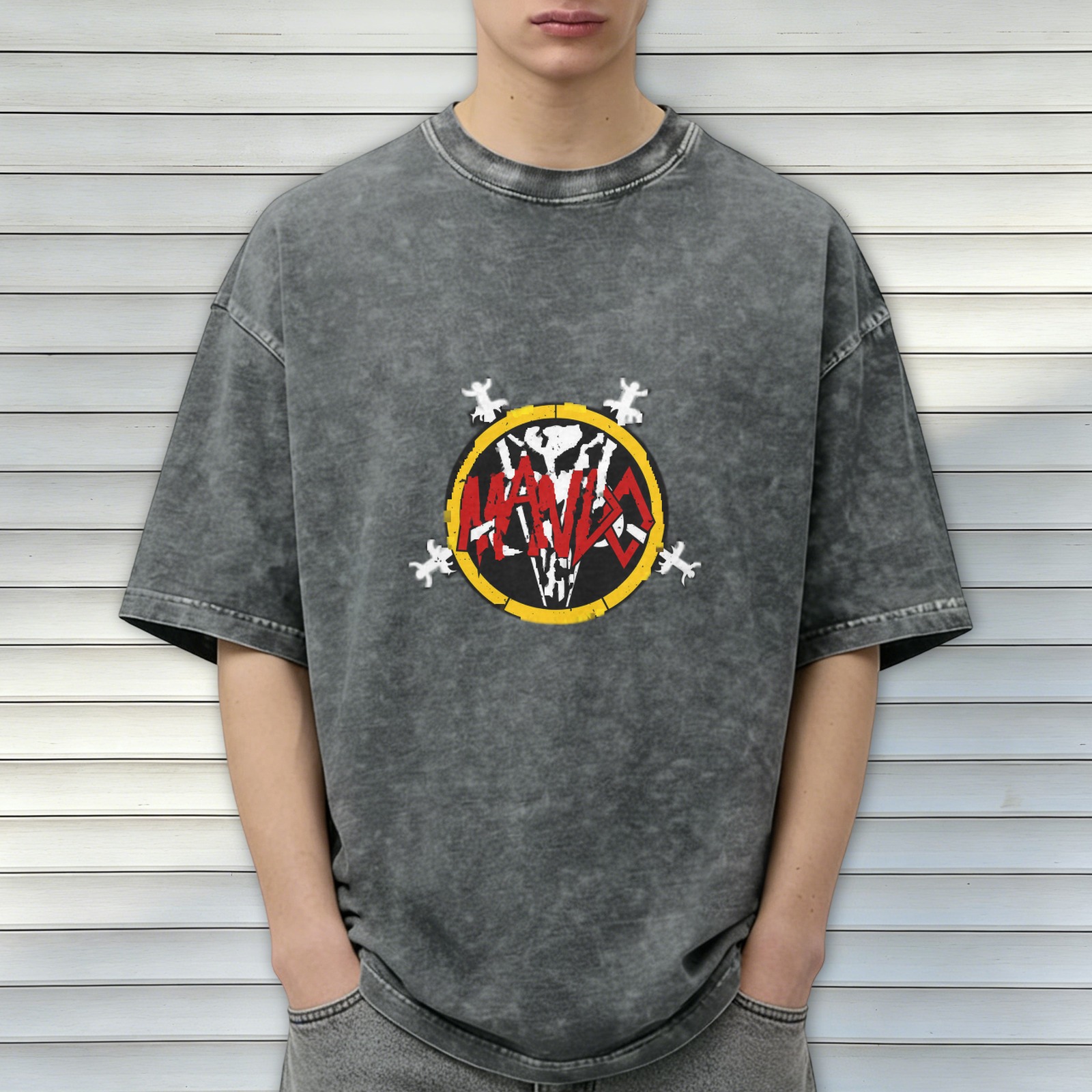 Washed Black Graphic T-Shirt With Skull And Red Text Design