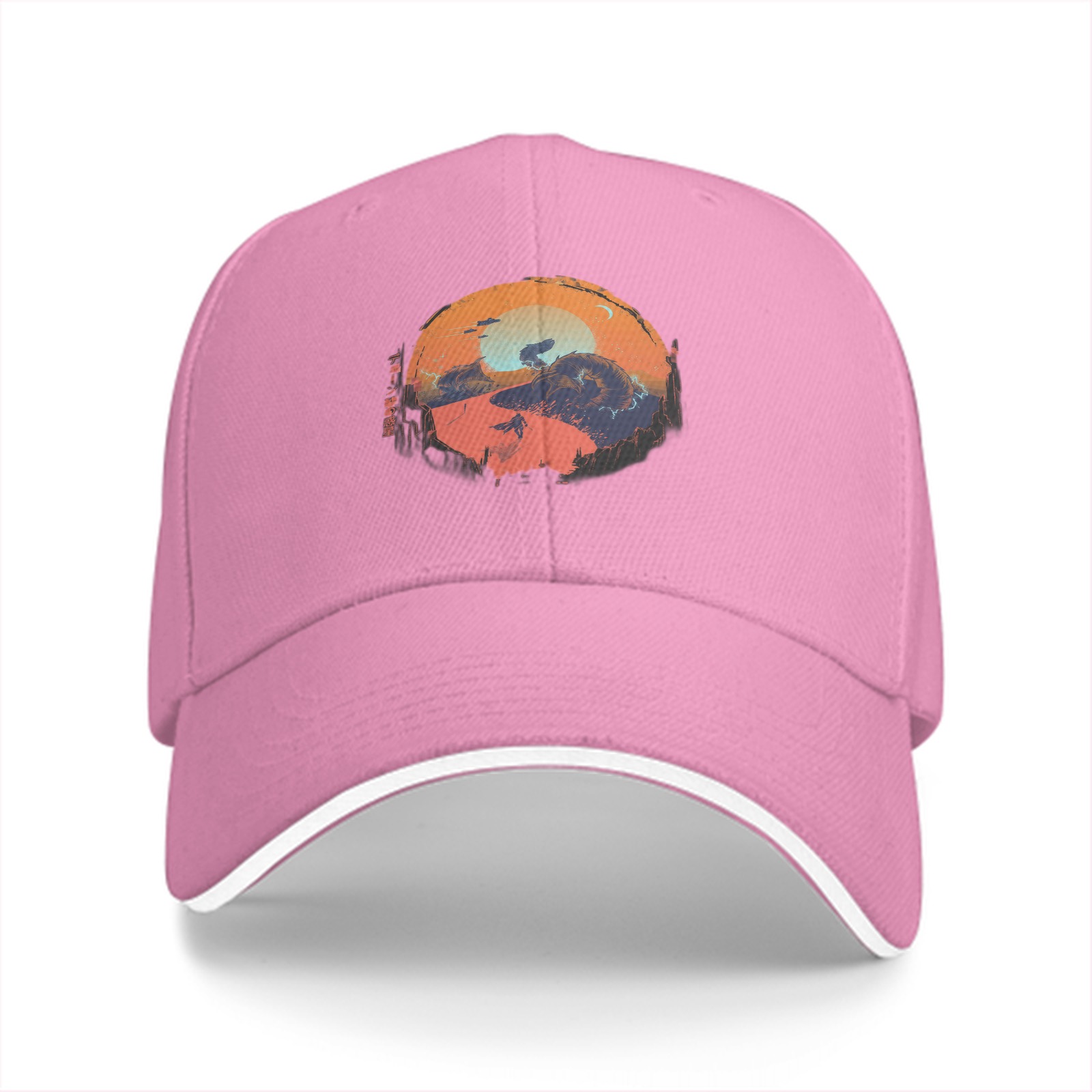Black Baseball Cap with Sunset Landscape Graphic Print