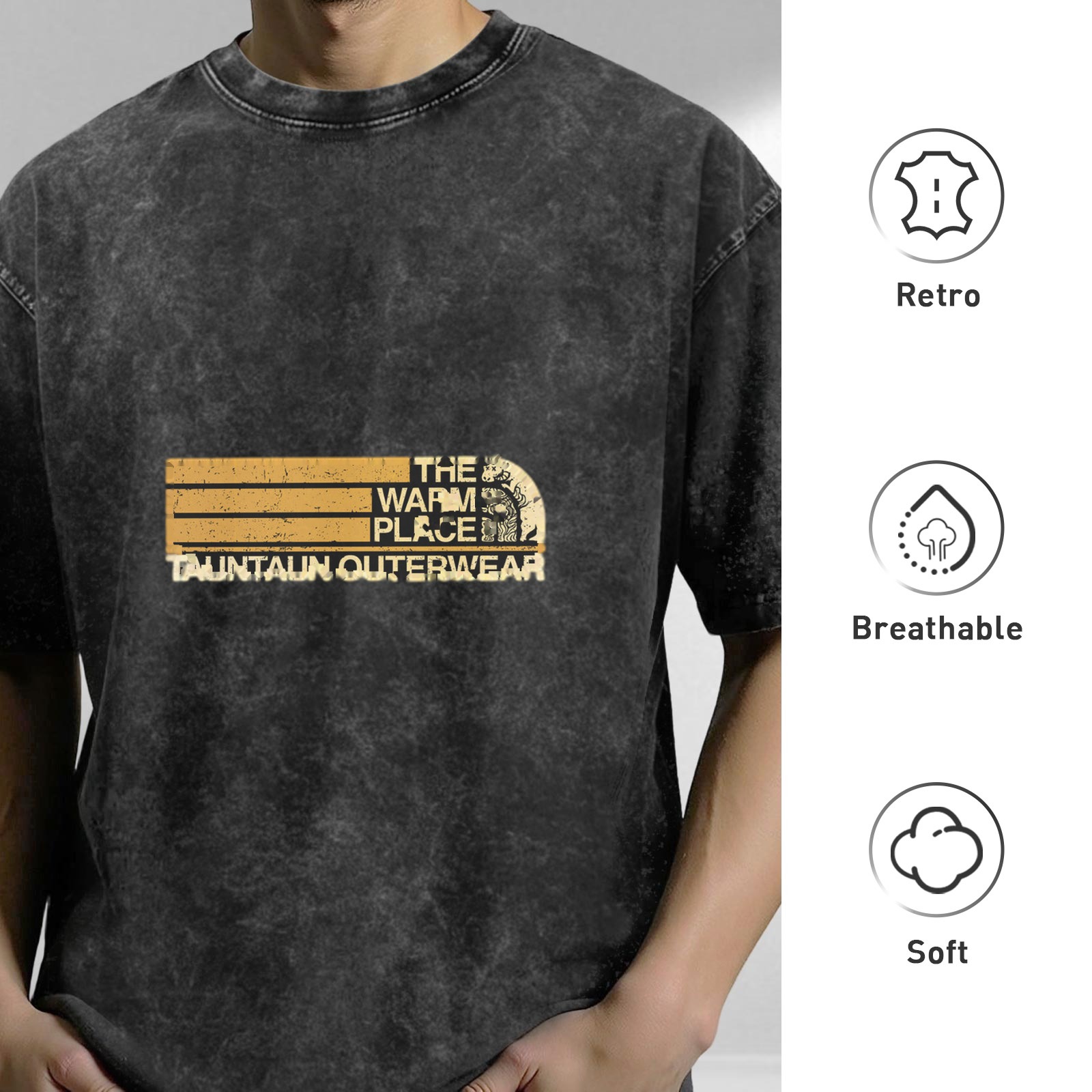 Distressed washed black loose short-sleeved T-shirt Fun spoof outdoor brand printed top