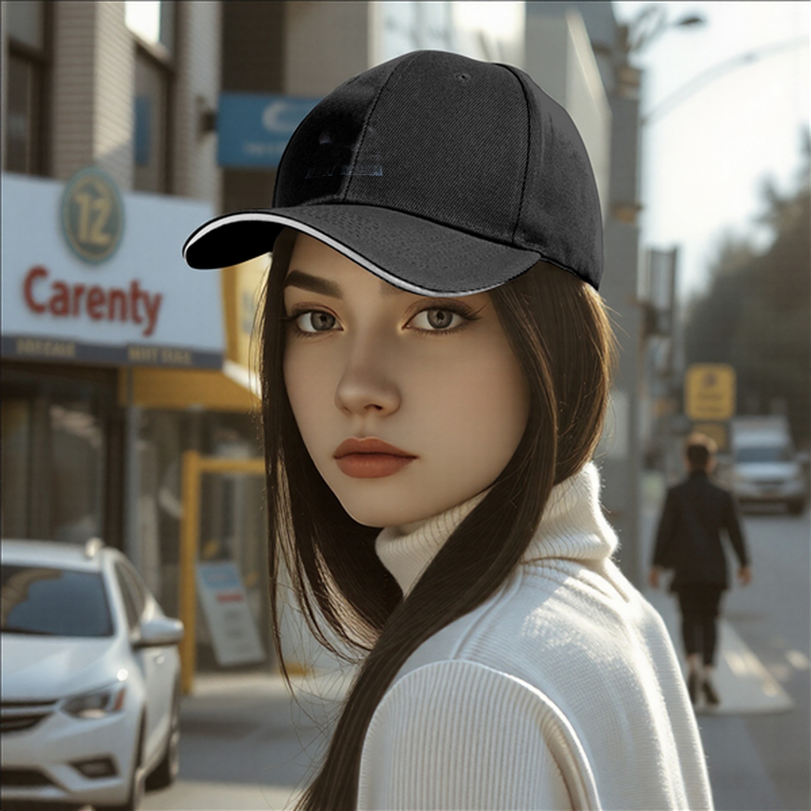 Black baseball cap with subtle dark graphic design