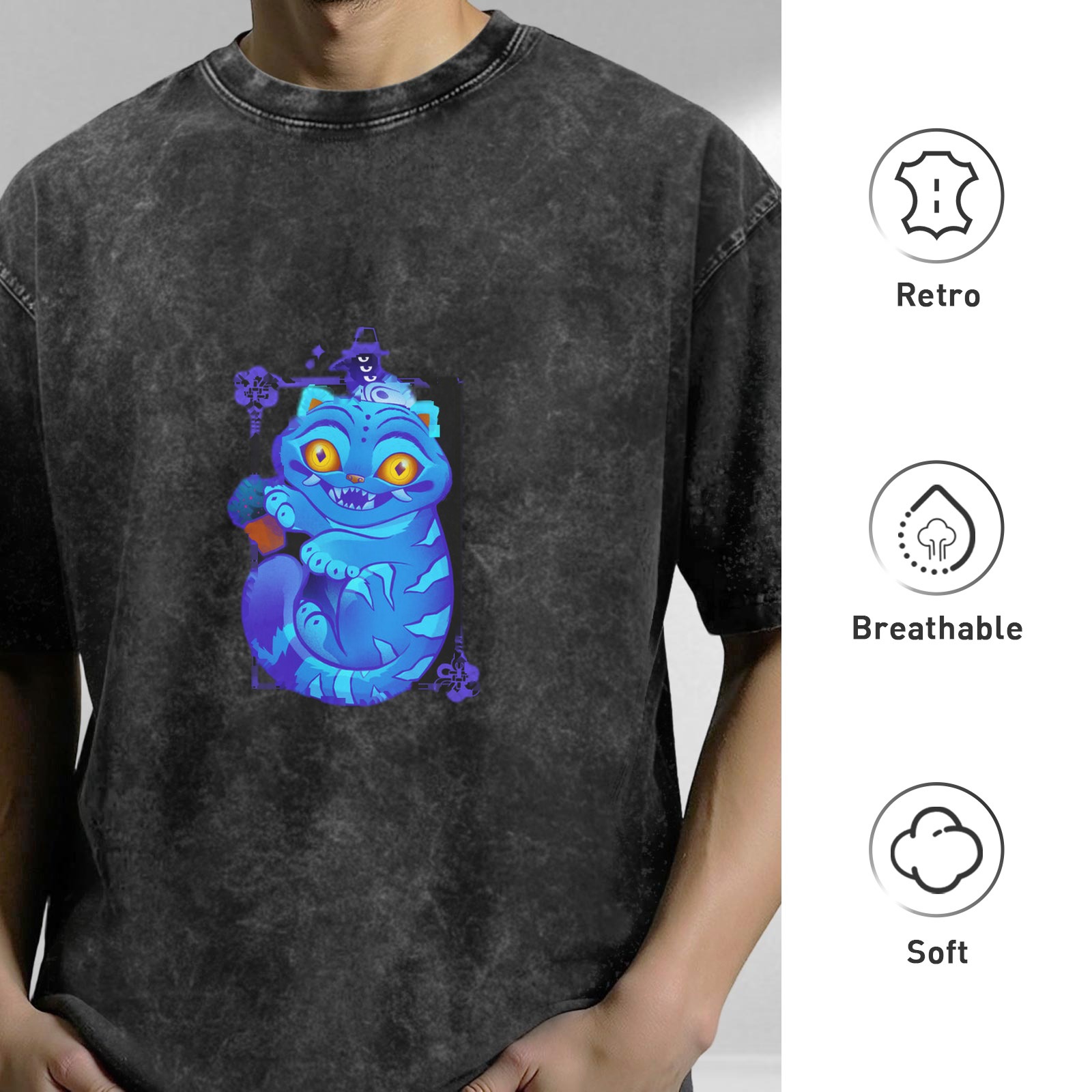 Distressed black loose short-sleeved T-shirt Cheshire cat cartoon print personalized trendy casual top
