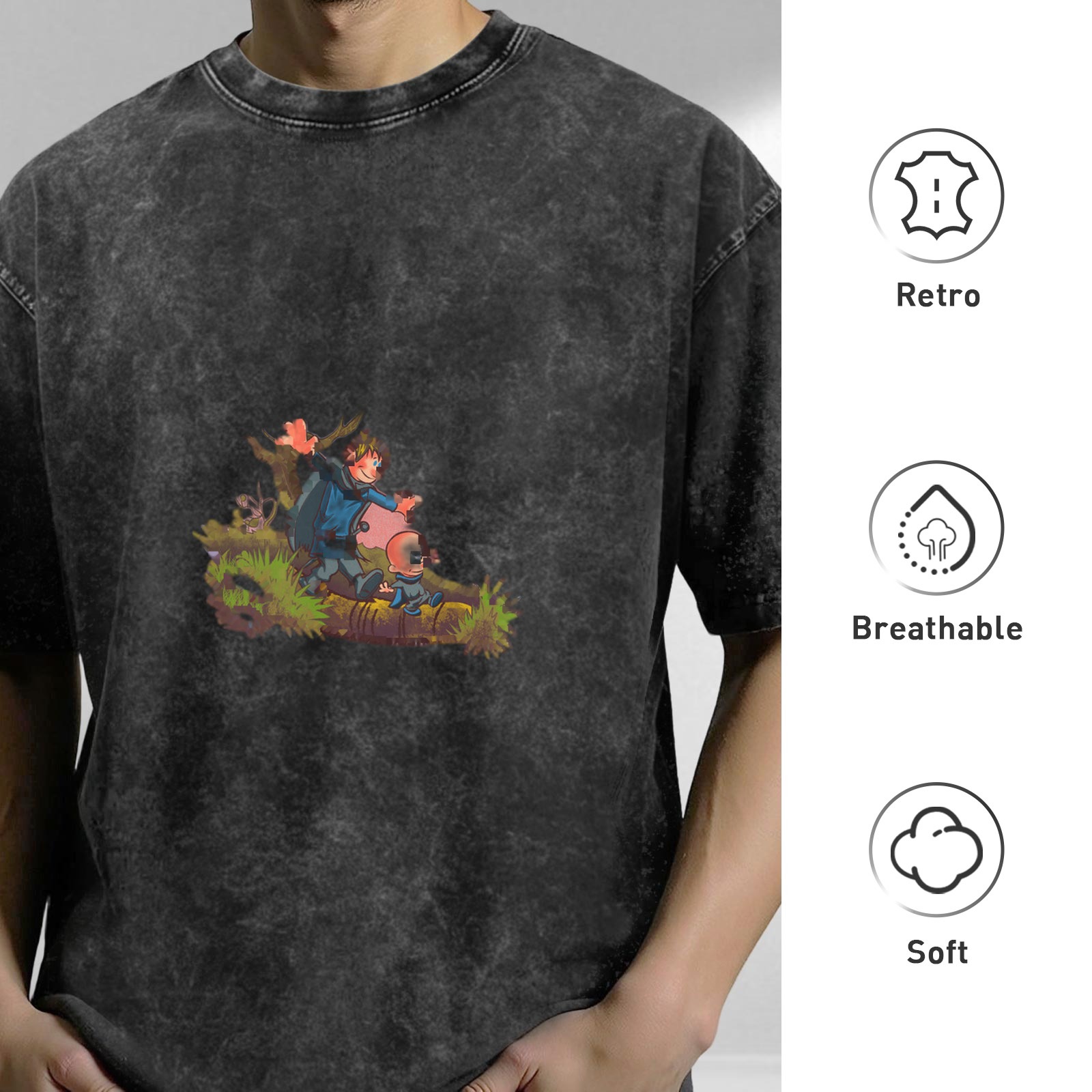 Washed Black Graphic Tee With Whimsical Cartoon Adventure Print