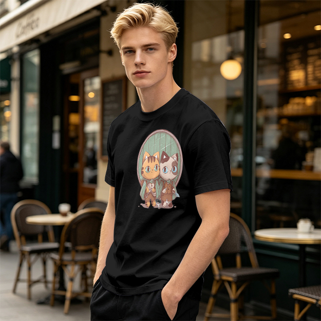 Olive Green T-Shirt With Cute Cat Fantasy Character Print
