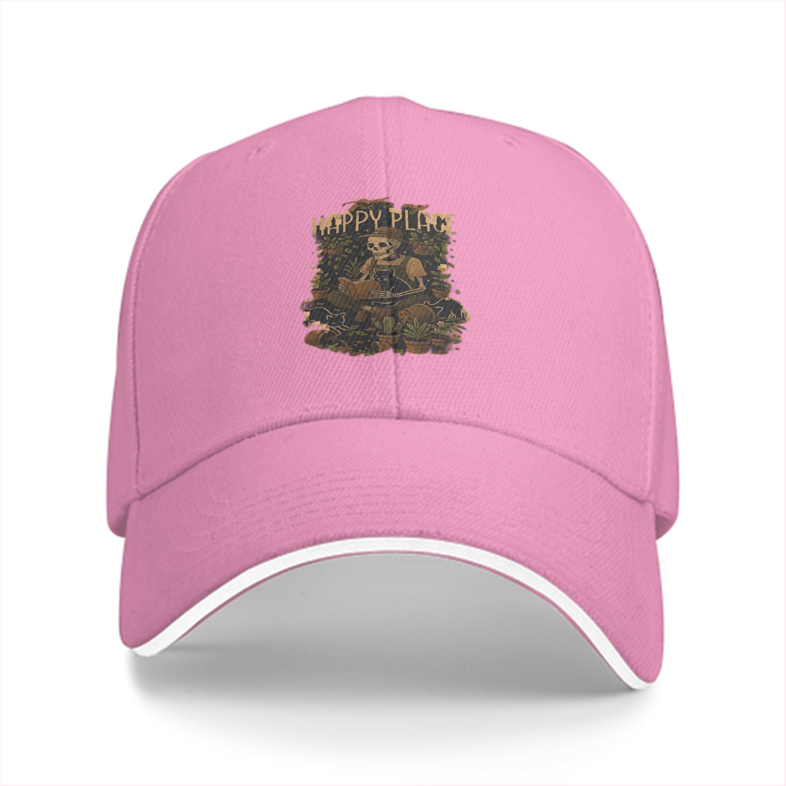 Black baseball cap with 'Happy Place' skeleton gardening graphic