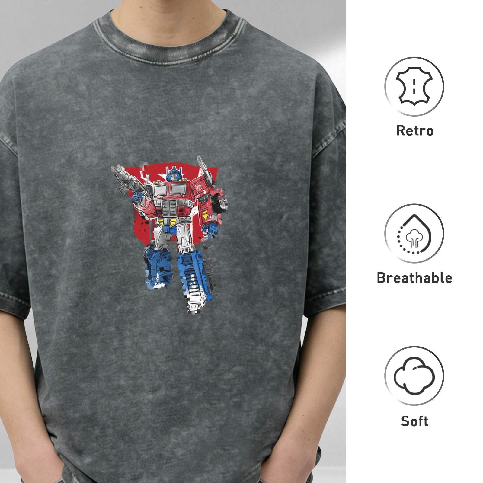 Washed distressed black Optimus Prime graphic short-sleeved T-shirt
