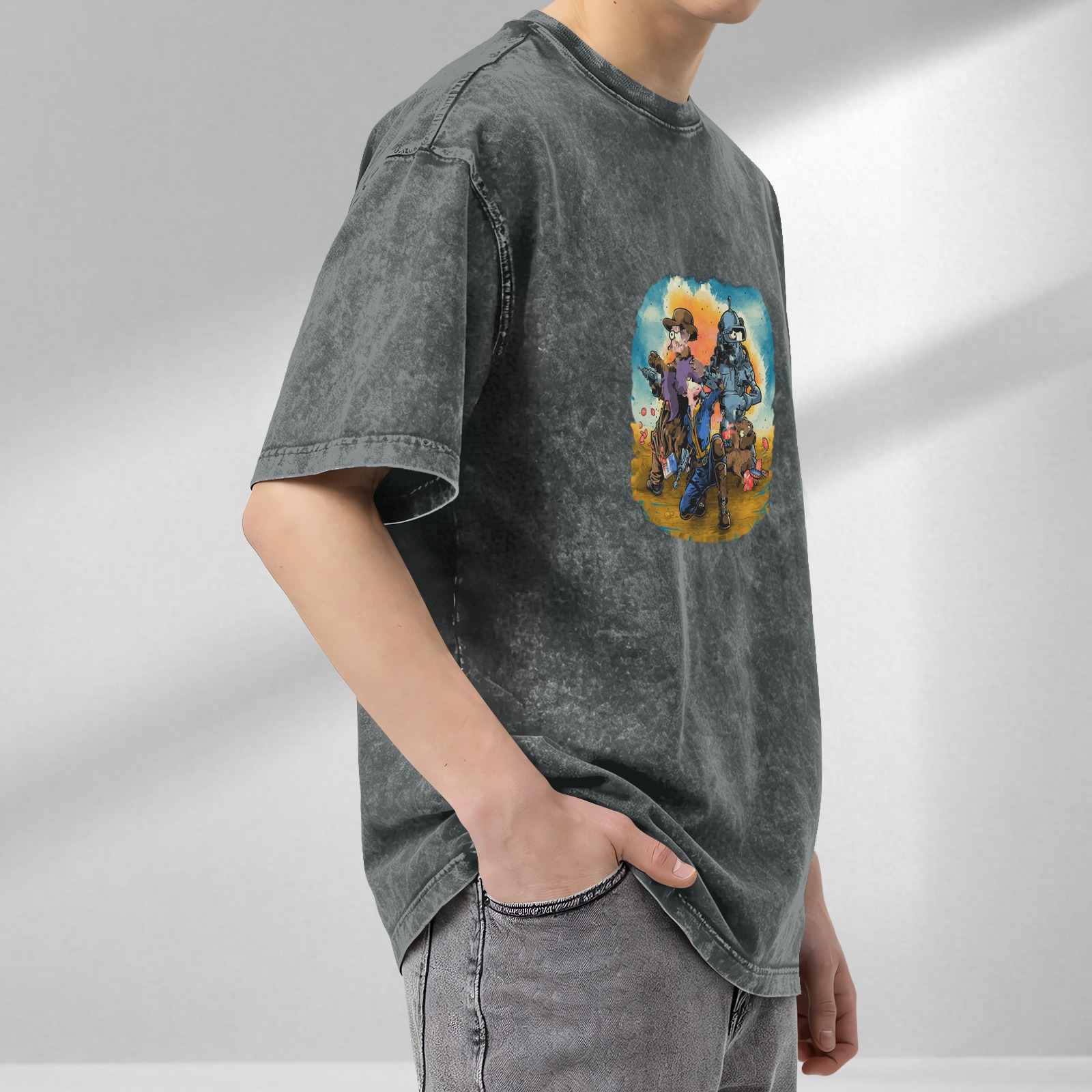Vintage Washed Black T-Shirt with Fallout Themed Watercolor Graphic Print