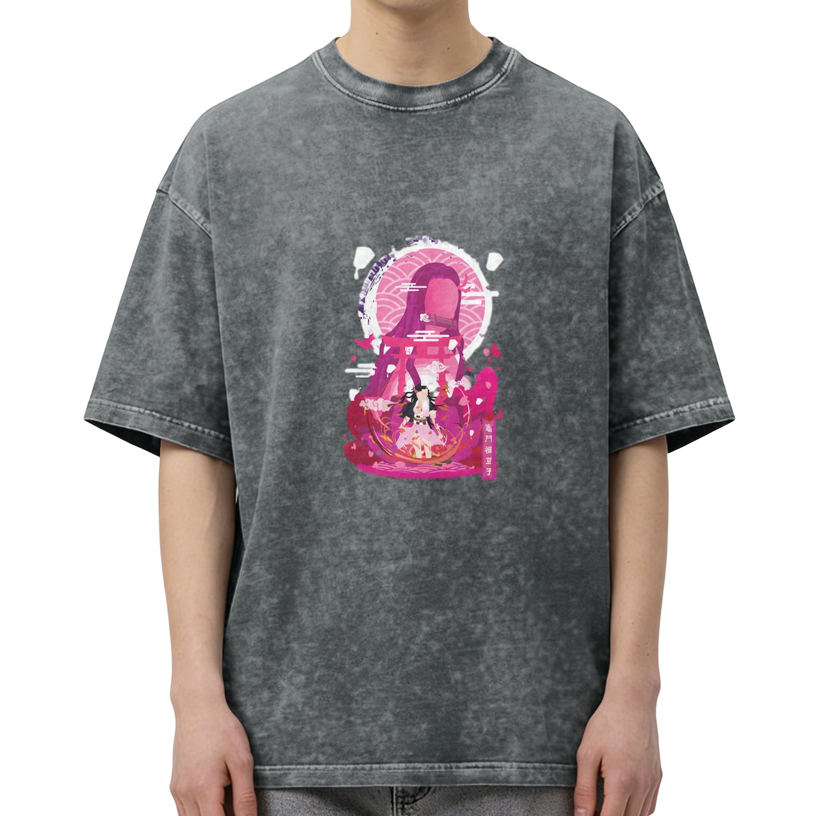 Demon Slayer: Kimetsu no Yaiba Nezuko themed old washed black loose short-sleeved T-shirt