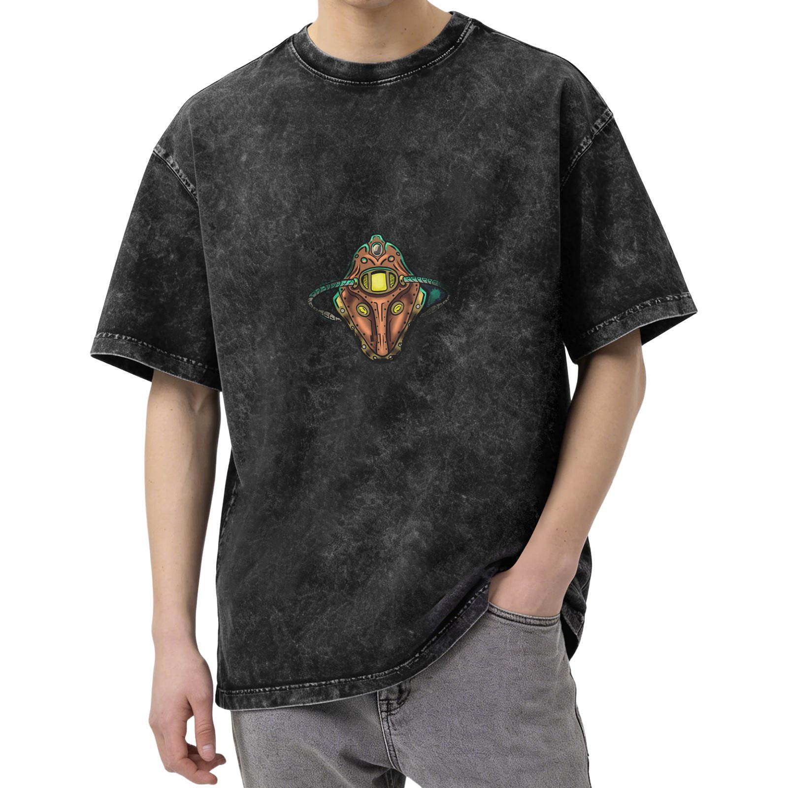 Oversized Acid Wash T-Shirt With Steampunk Robot Head Graphic