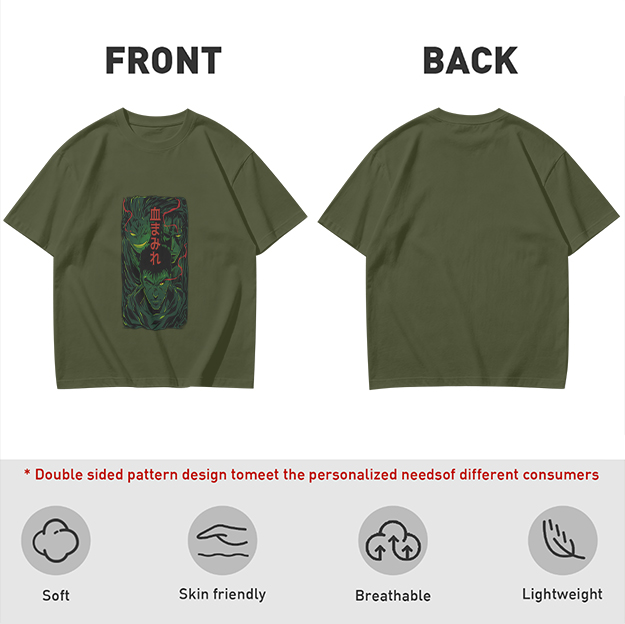 Olive anime graphic t-shirt with three dark fantasy characters