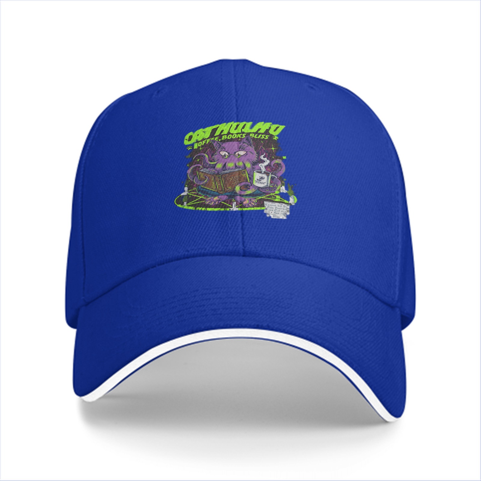 Black baseball cap with Cathulhu coffee and books graphic