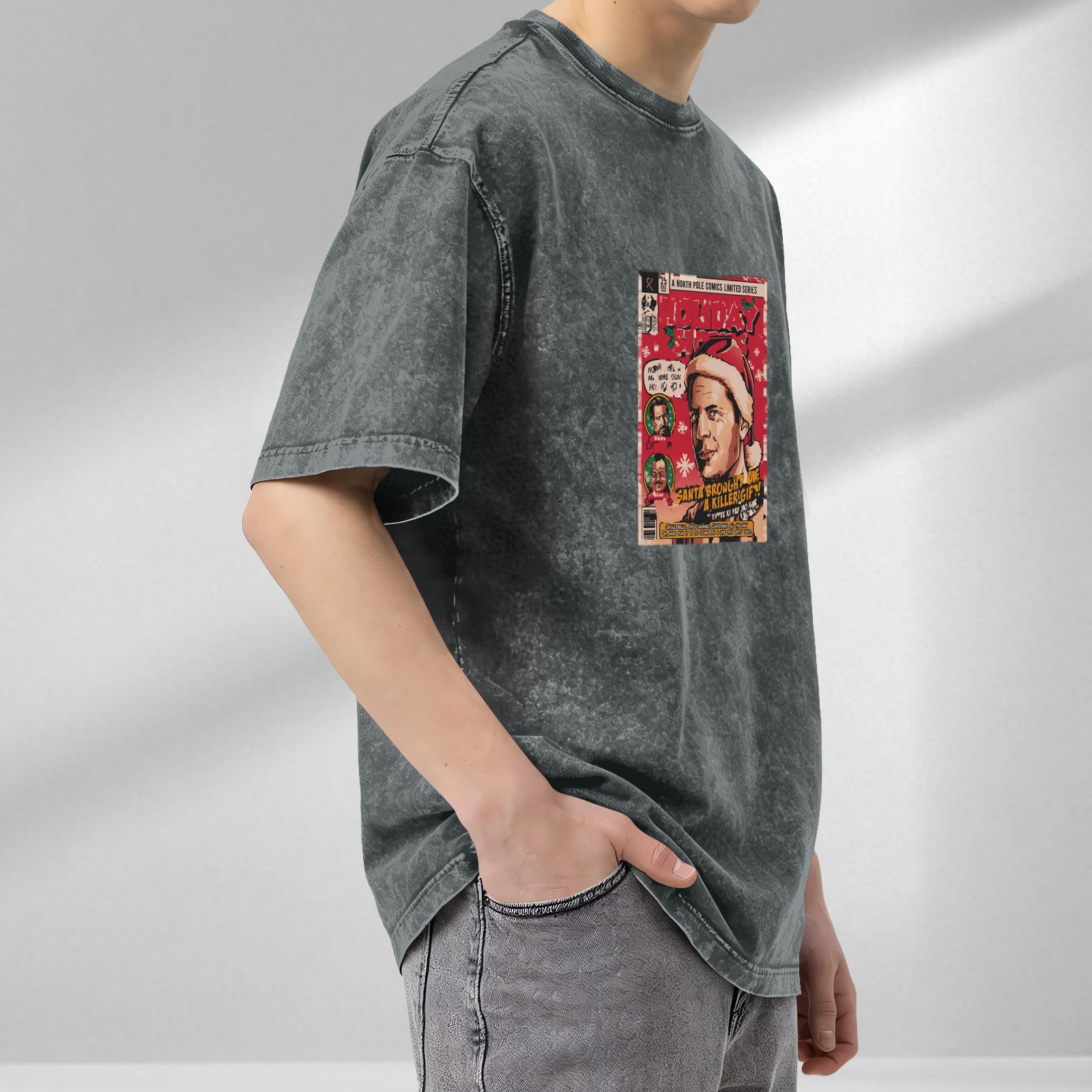 Oversized Washed Black T-Shirt with Die Hard Christmas Comic Book Print
