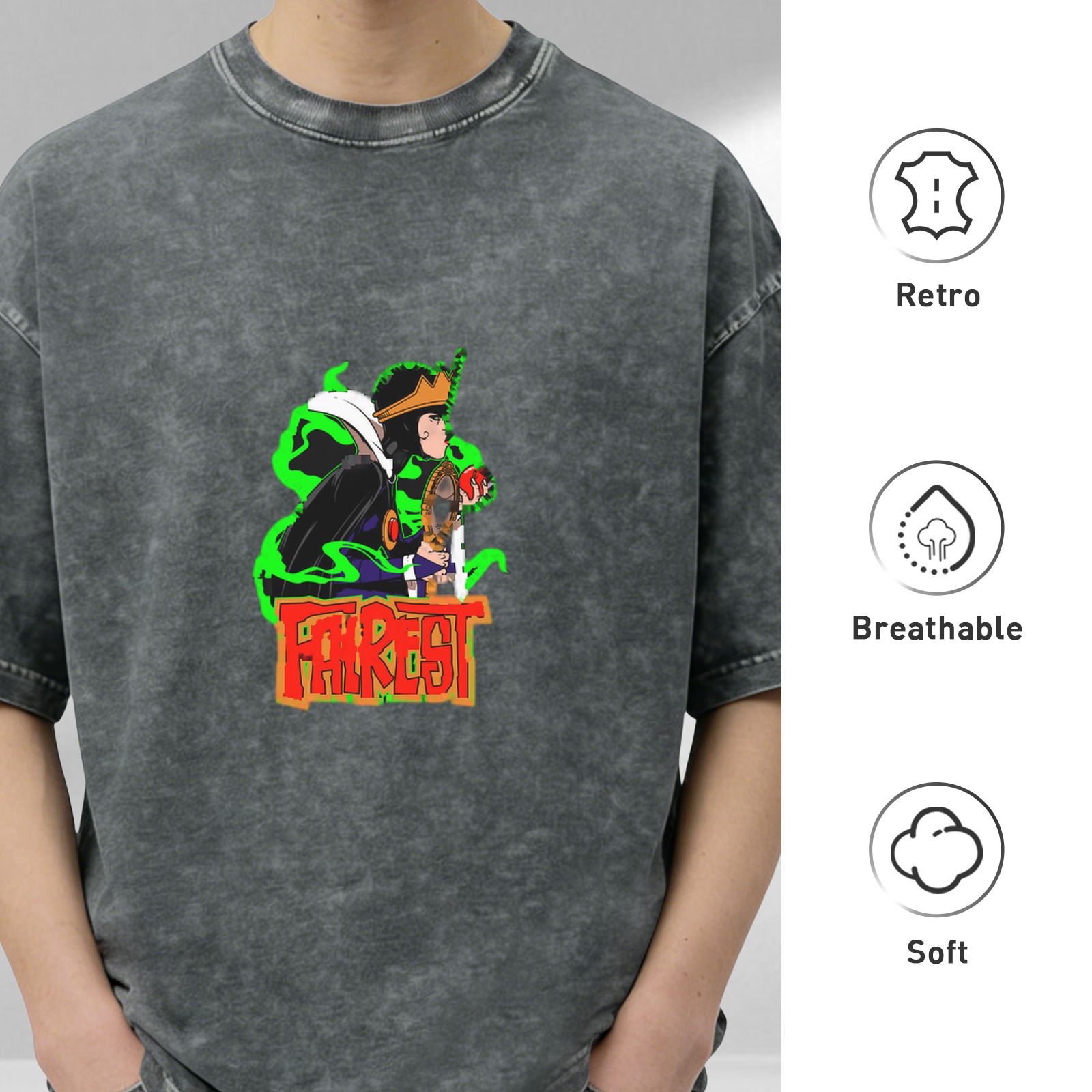 oversized acid wash graphic t-shirt with villain character and fairest text