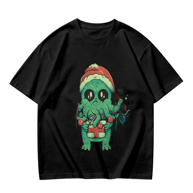 Olive Green T-Shirt With Cute Christmas Cthulhu Graphic