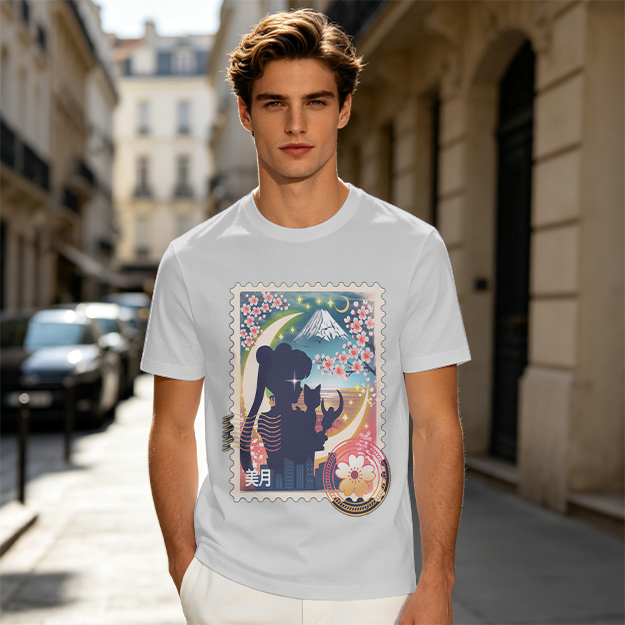 Olive T-shirt with Japanese stamp-style anime graphic print