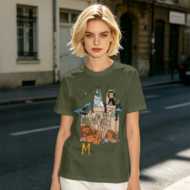 Olive T-Shirt With Whimsical Wizard Cat Castle Graphic