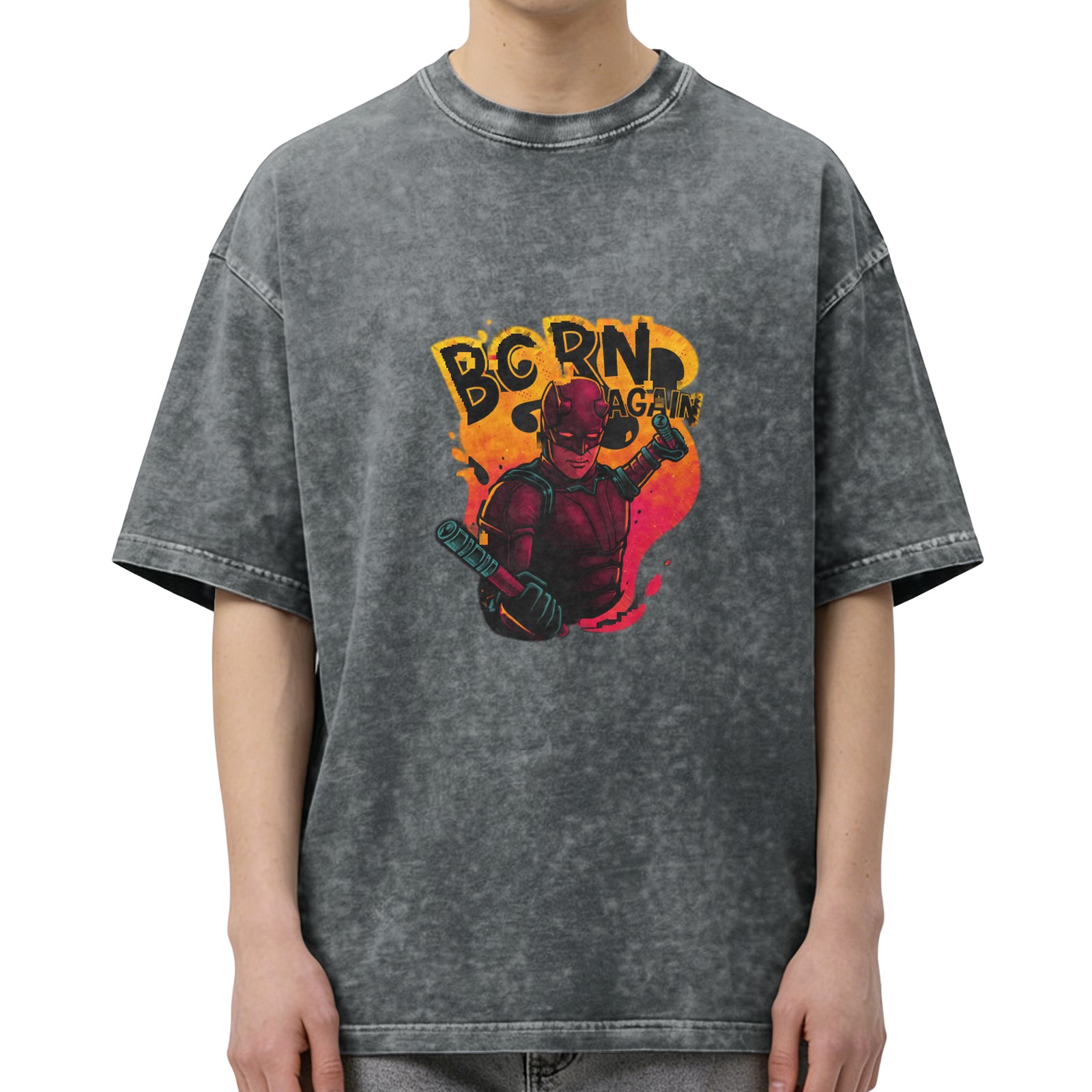 Oversized Dark Wash T-Shirt With Daredevil Born Again Graphic Print