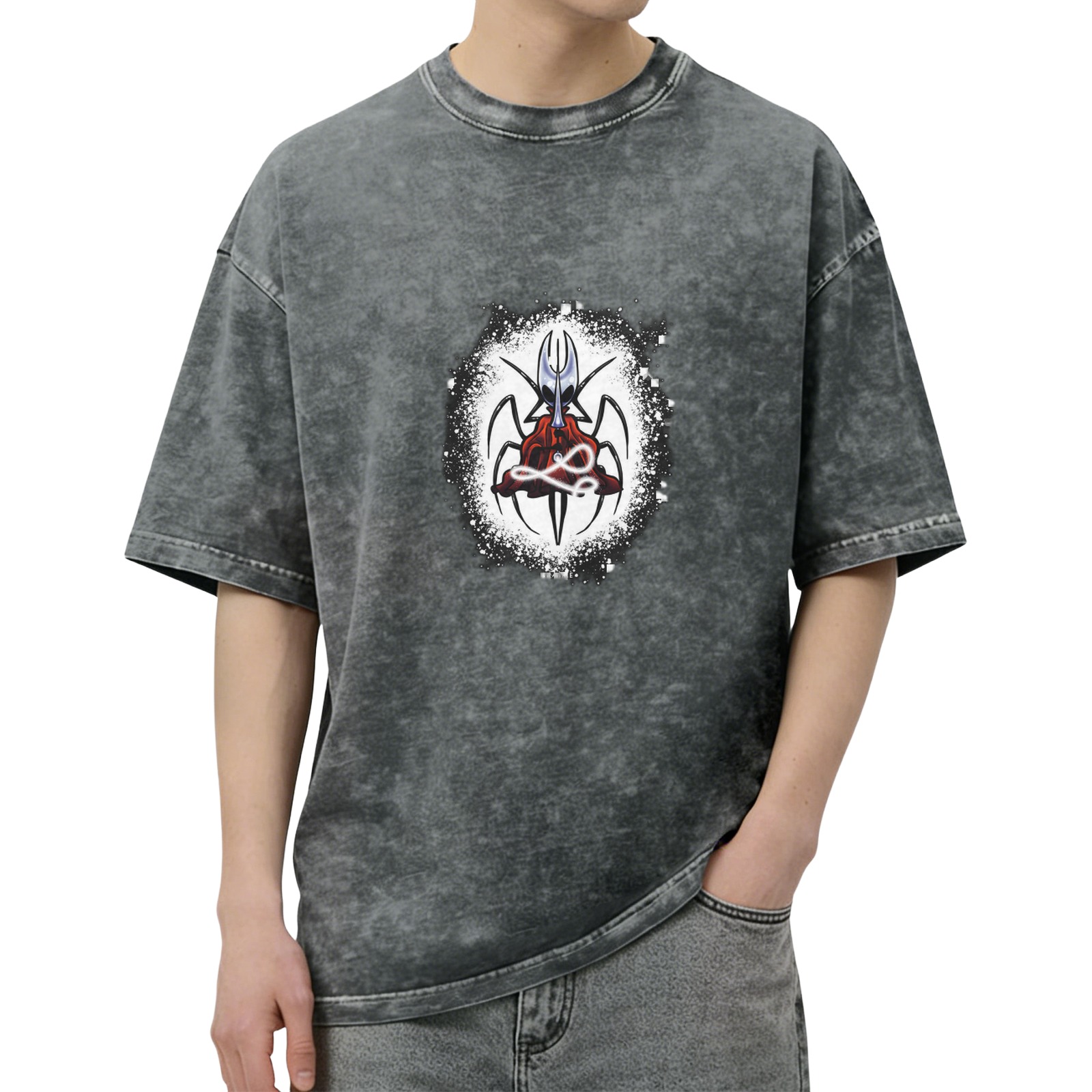Oversized Acid Wash T-Shirt With Spider-Inspired Graphic Print