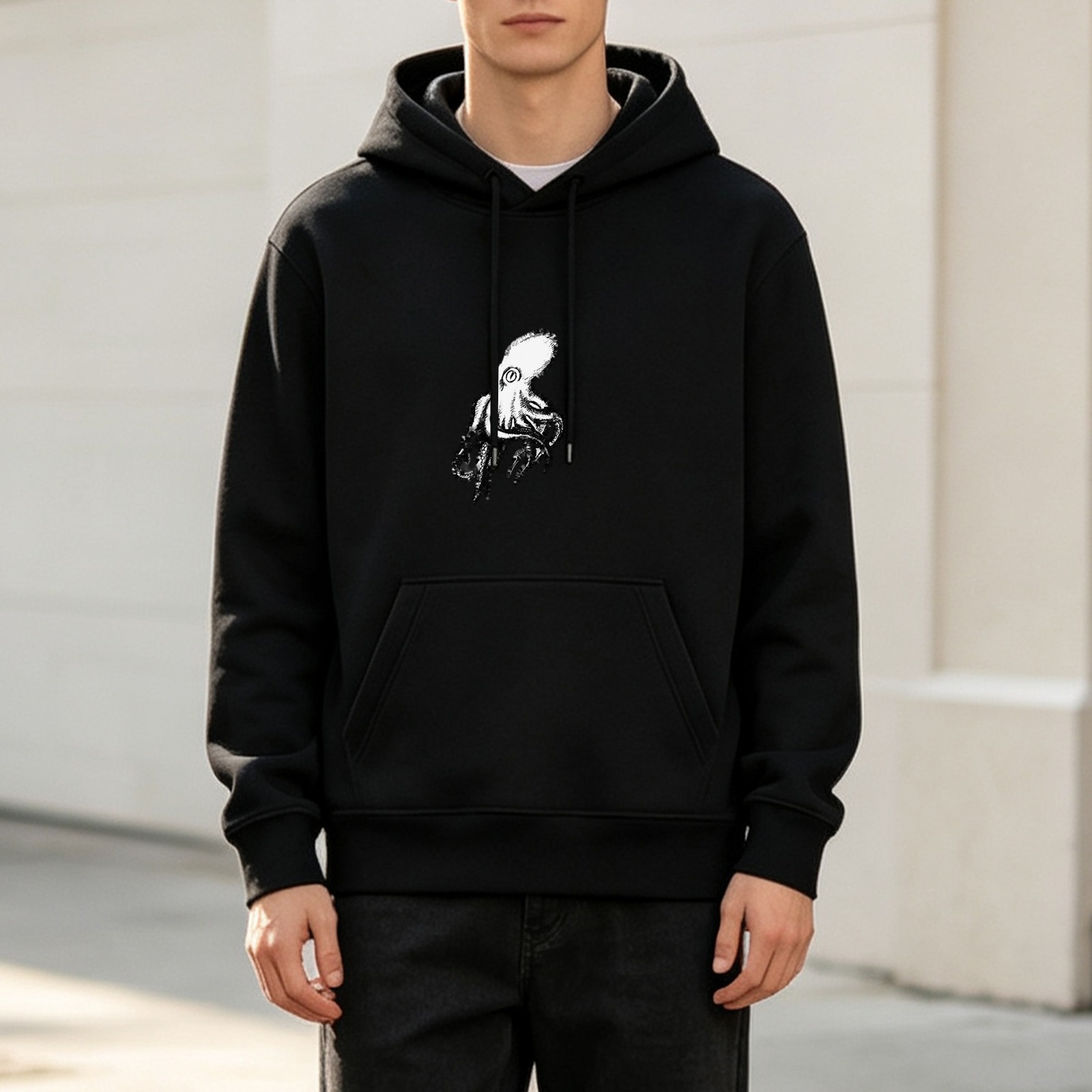 Black Hoodie With Octopus Graphic Print