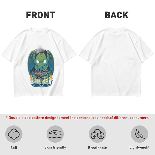 Olive T-shirt with Cute Cthulhu Reading Grimoire Print