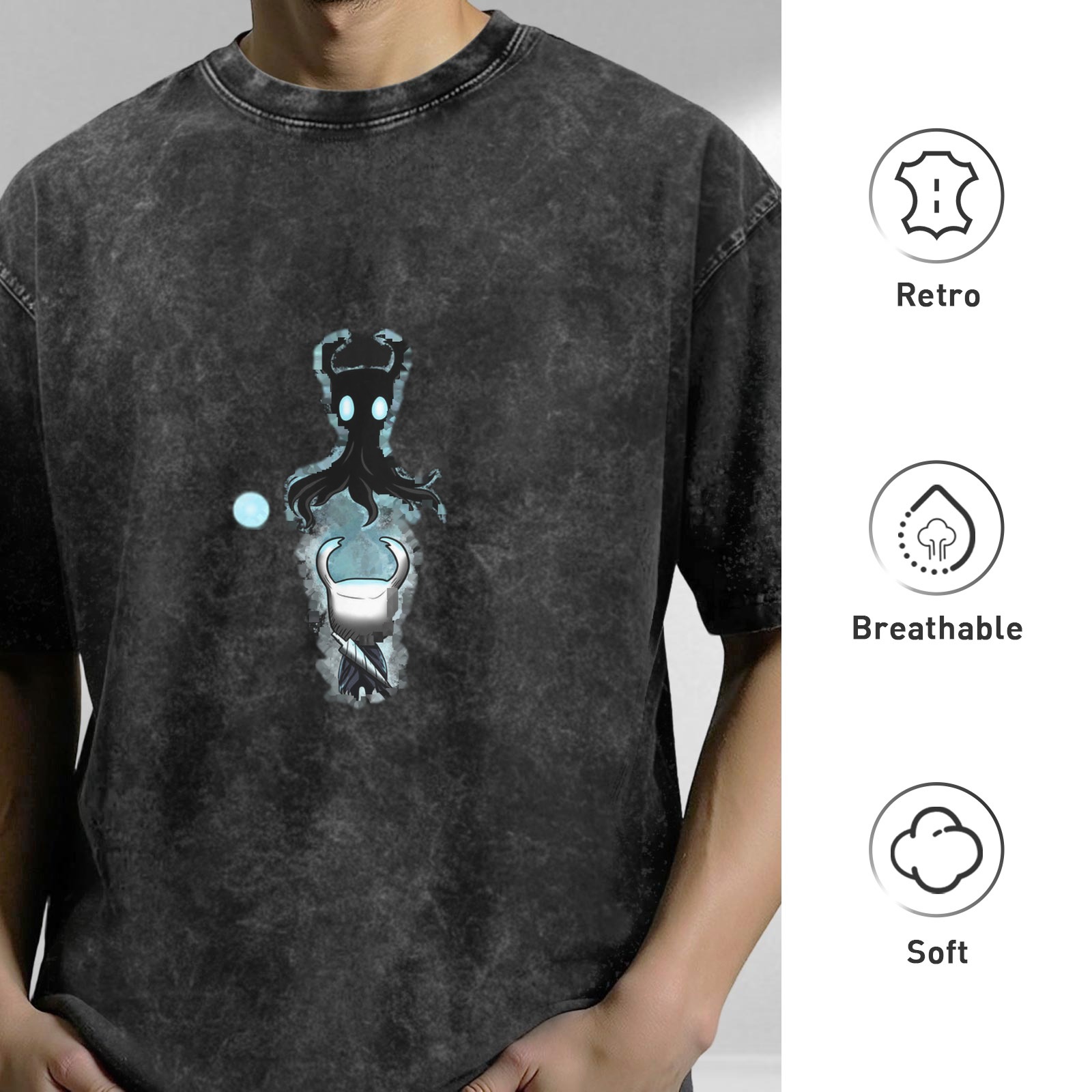 Hollow Knight Themed Washed Black Short Sleeve T-Shirt