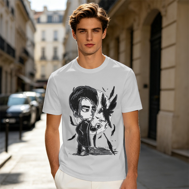 Olive T-Shirt with Chibi Dark Character and Crow Print