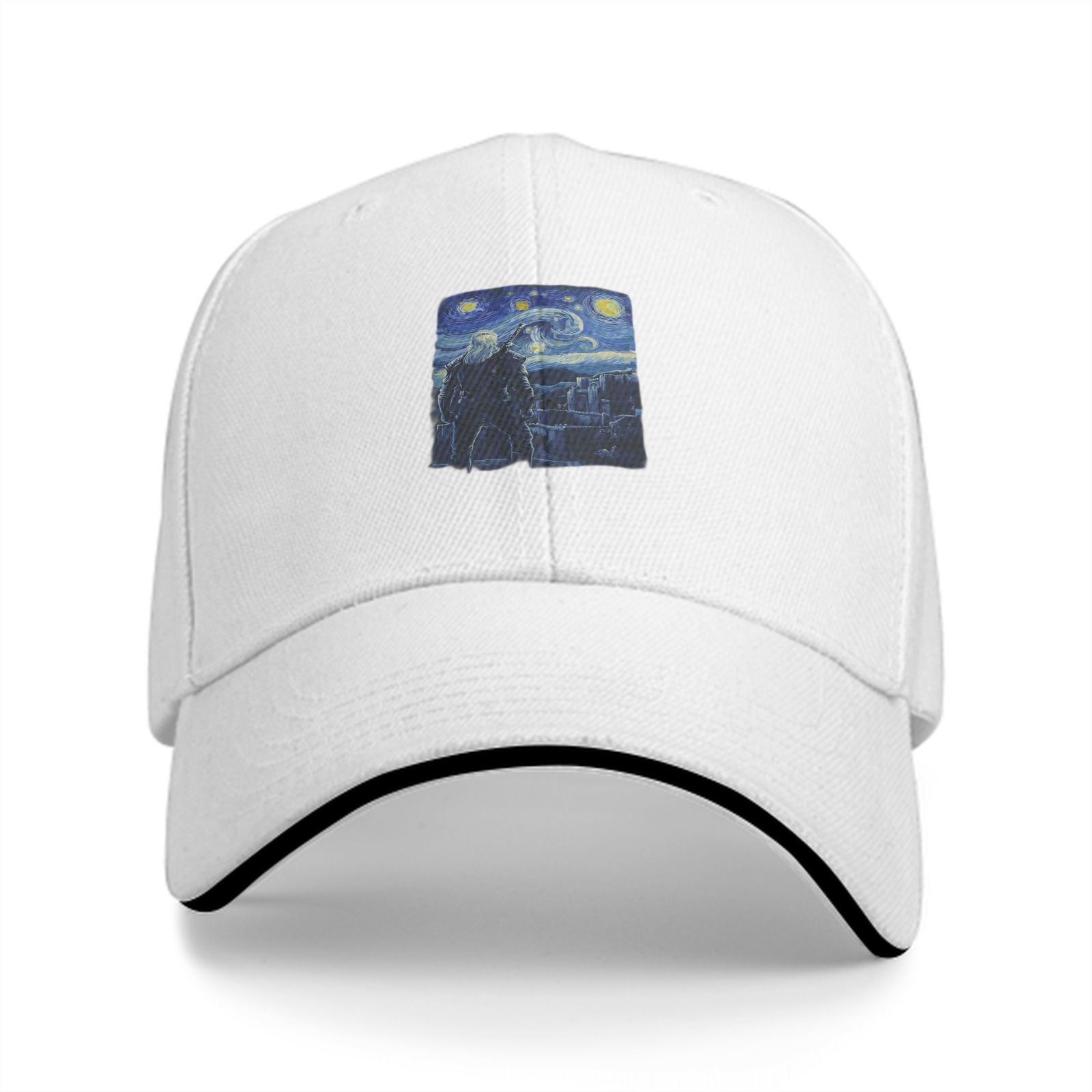 Black baseball cap with Starry Night inspired graphic print