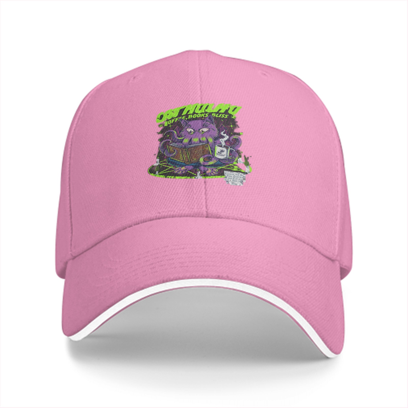 Black baseball cap with Cathulhu coffee and books graphic