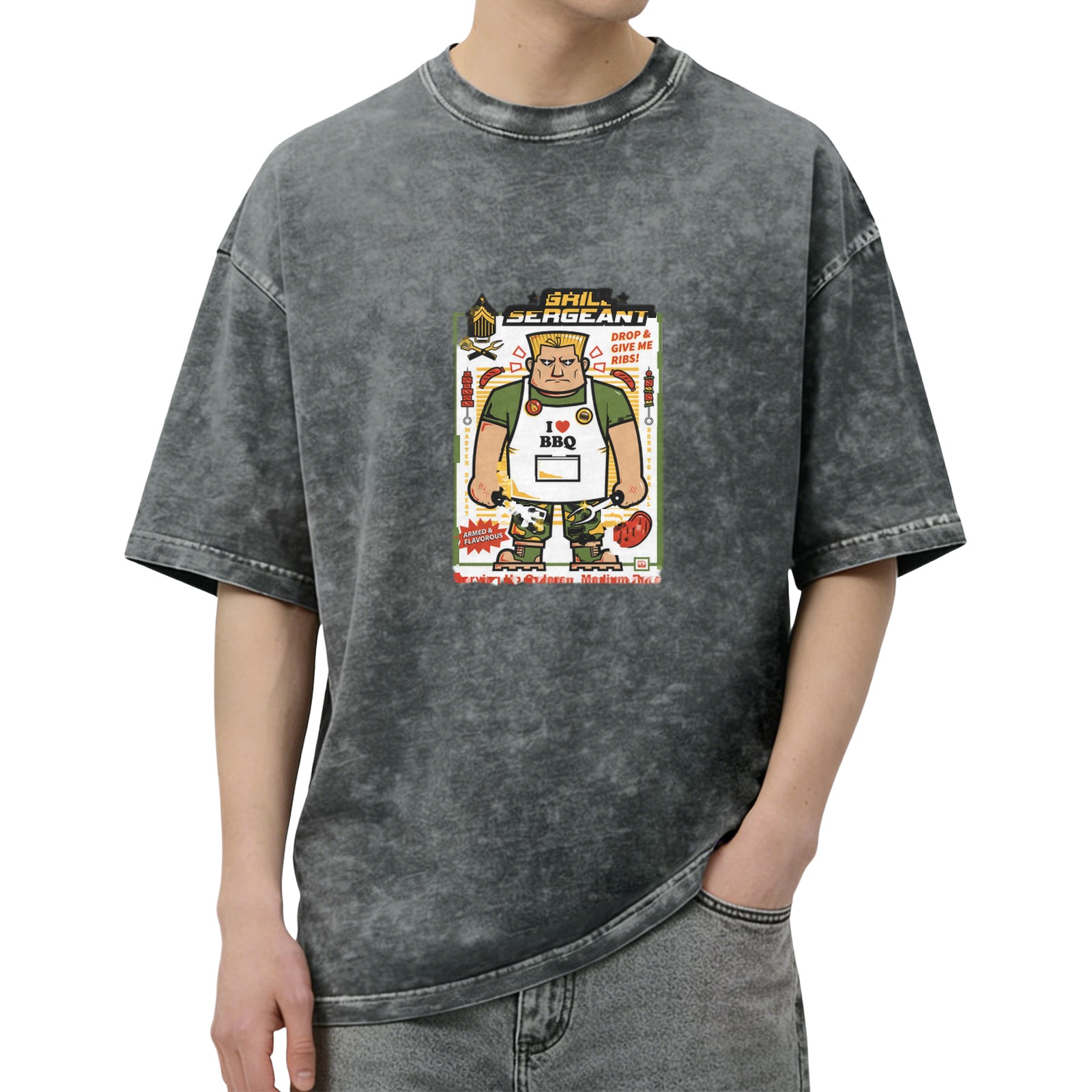 Washed black t-shirt with grill sergeant BBQ cartoon print