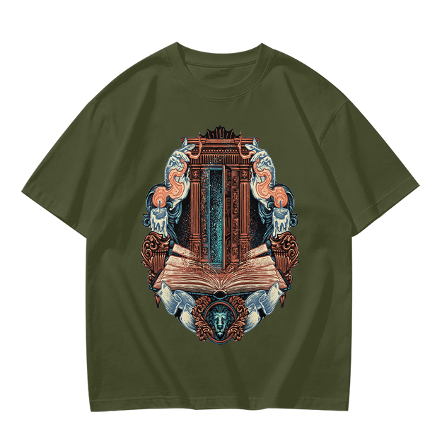 Olive T-Shirt With Ornate Architectural Book Print