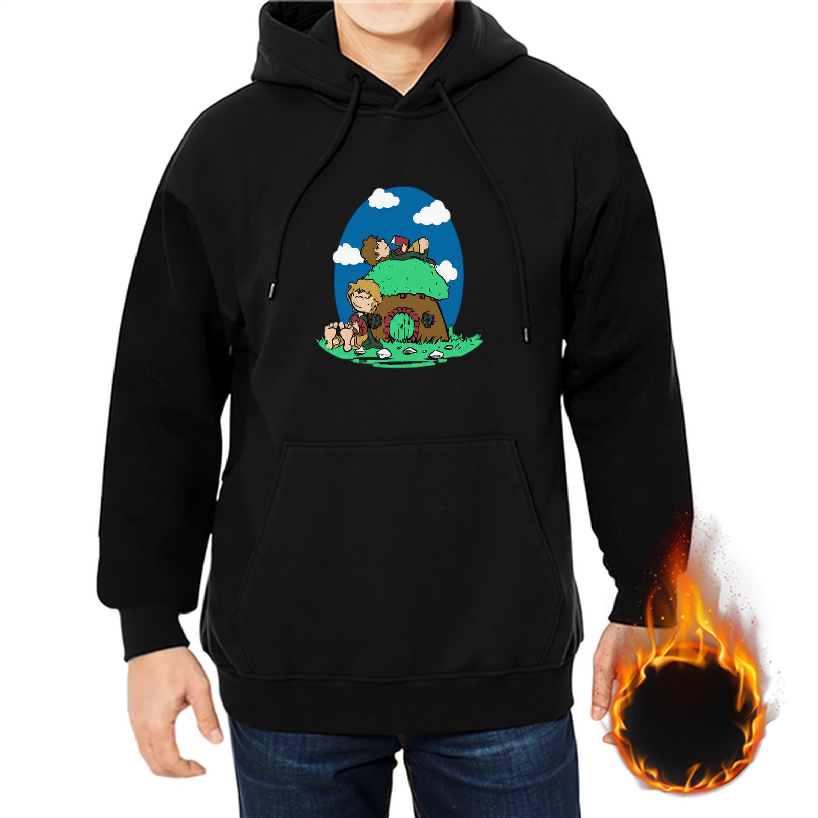 Black hoodie with mushroom house and cartoon characters graphic