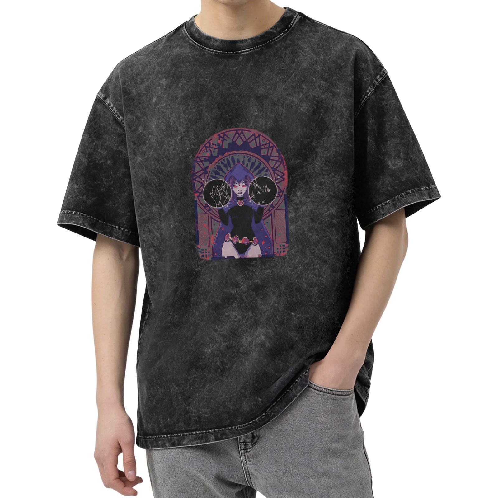 Distressed washed black loose short-sleeved T-shirt Anime character print on the chest Casual crew neck top