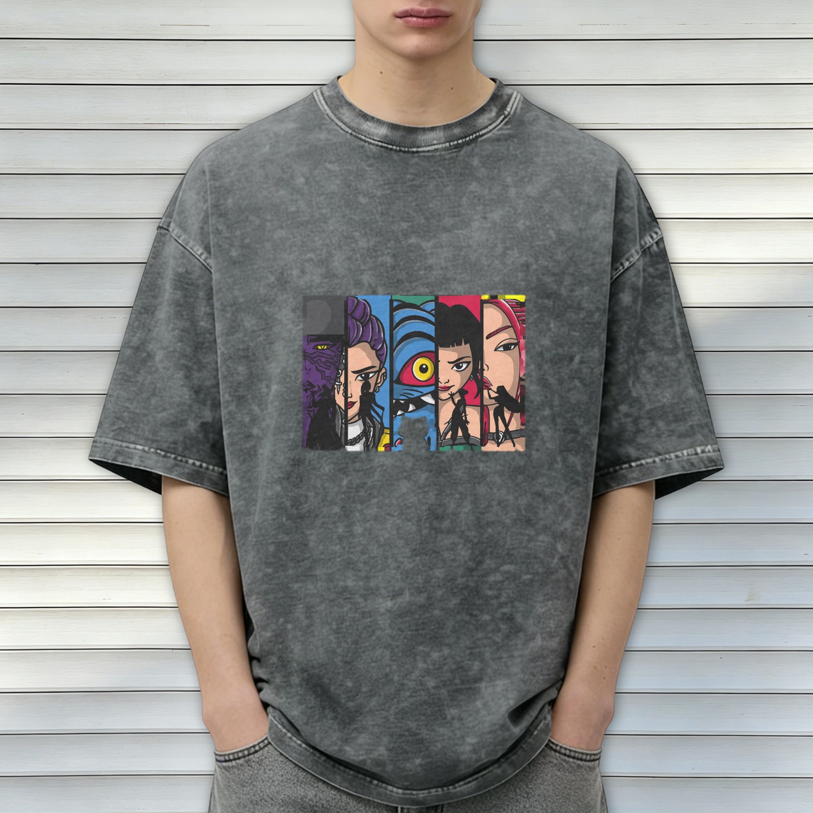 Oversized Acid Wash T-Shirt With Comic Style Character Art Print