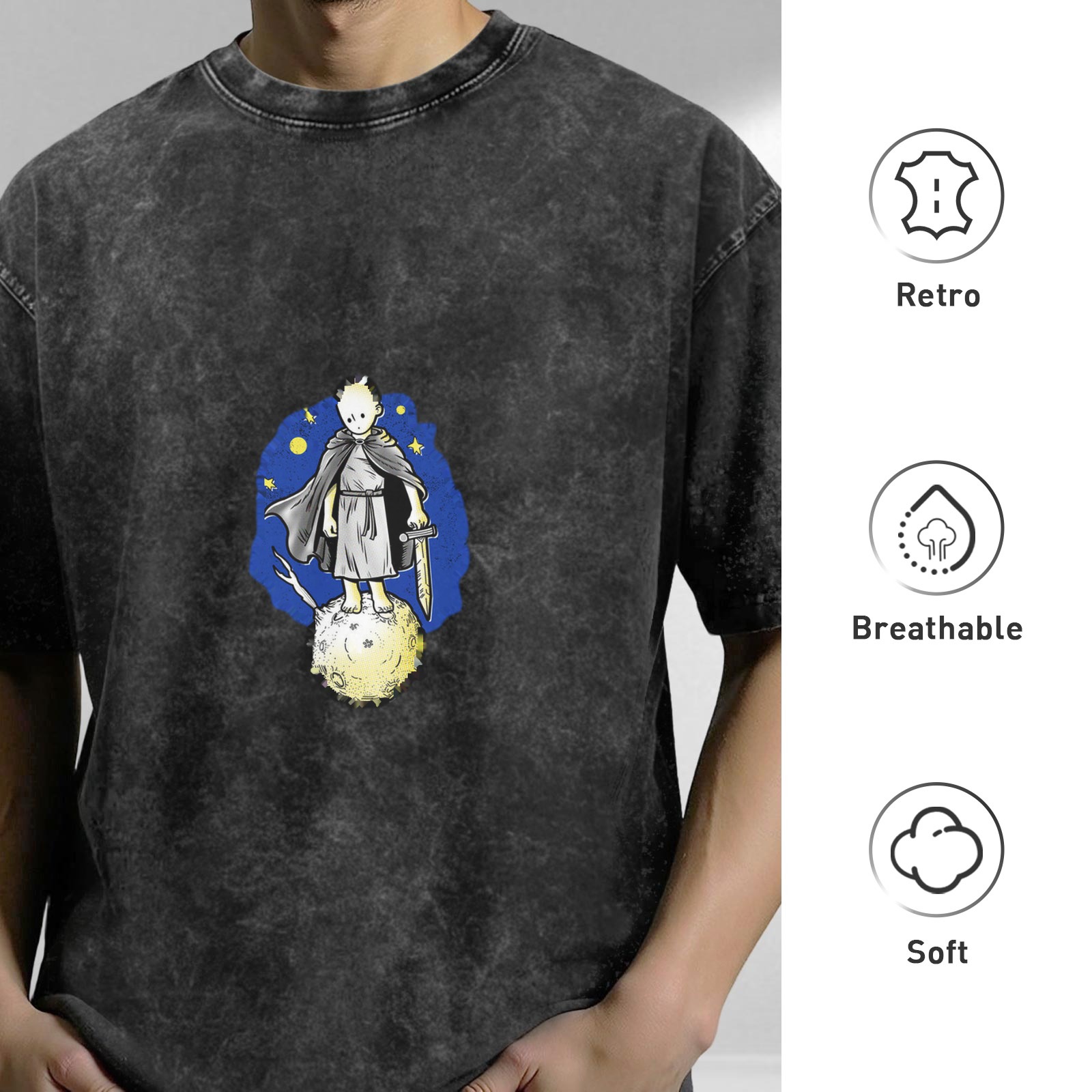 Oversized Acid Wash T-Shirt With Little Prince Space Knight Graphic