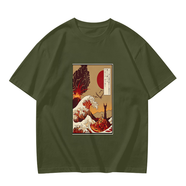 Olive T-Shirt with Ukiyo-e Style Wave and Volcano Print