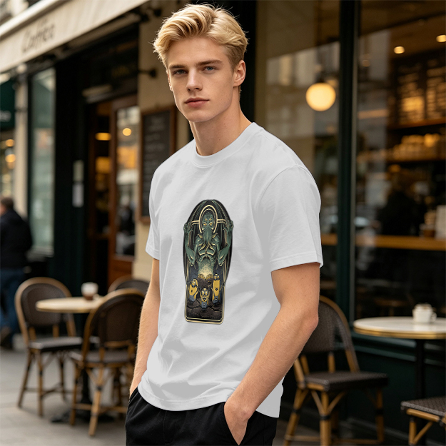 Olive Green T-Shirt with Cthulhu and Minions Graphic Print